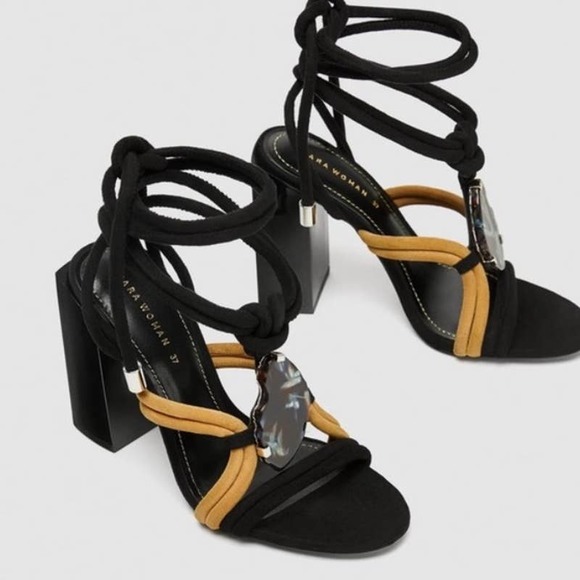 Zara Shoes - Zara Strappy chunky heels Geode Gem stone Black & Yellow Straps 36 (5.5 - 6)
